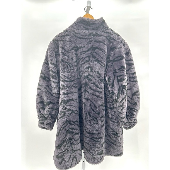 Vintage Style VI LTD Grey Black Tiger Strip Faux‎ Fur Furry Trench Coat Large - Picture 3 of 9
